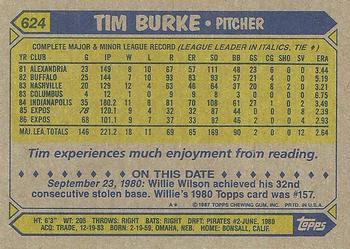 1987 Topps #624 Tim Burke Back