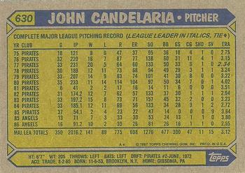 1987 Topps #630 John Candelaria Back