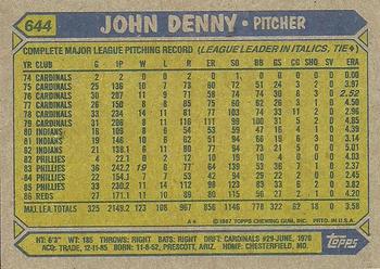 1987 Topps #644 John Denny Back