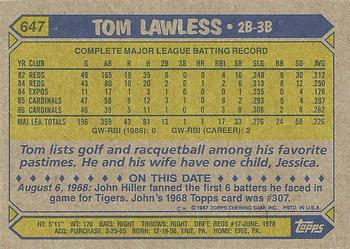 1987 Topps #647 Tom Lawless Back