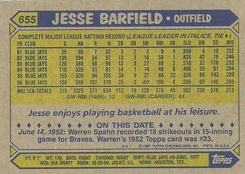 1987 Topps #655 Jesse Barfield Back