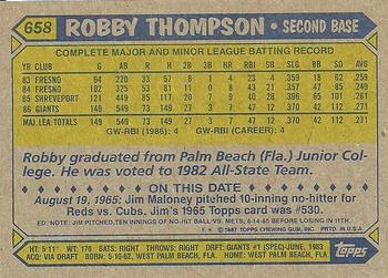 1987 Topps #658 Robby Thompson Back