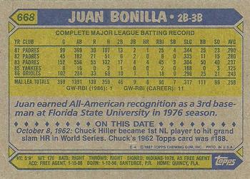 1987 Topps #668 Juan Bonilla Back