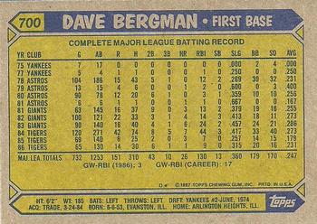 1987 Topps #700 Dave Bergman Back