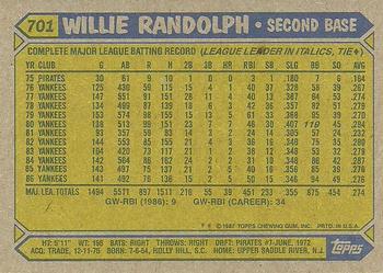 1987 Topps #701 Willie Randolph Back