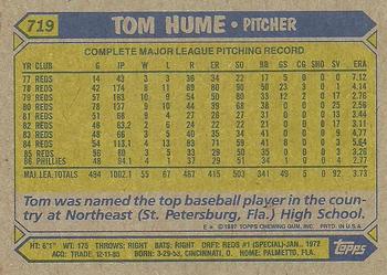 1987 Topps #719 Tom Hume Back