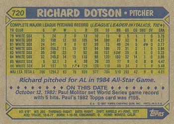 1987 Topps #720 Richard Dotson Back