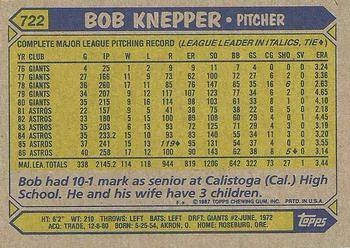 1987 Topps #722 Bob Knepper Back