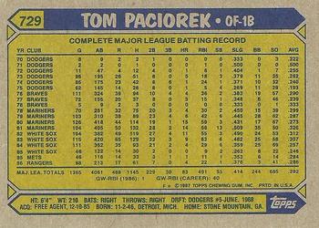 1987 Topps #729 Tom Paciorek Back