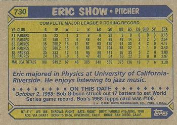 1987 Topps #730 Eric Show Back