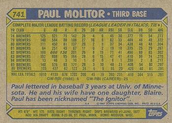 1987 Topps #741 Paul Molitor Back