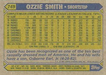 1987 Topps #749 Ozzie Smith Back