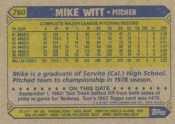 1987 Topps #760 Mike Witt Back