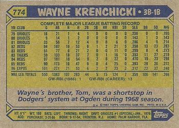 1987 Topps #774 Wayne Krenchicki Back
