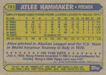 1987 Topps #781 Atlee Hammaker Back