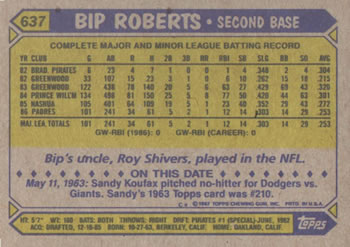1987 Topps #637 Bip Roberts Back