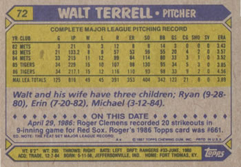 1987 Topps #72 Walt Terrell Back