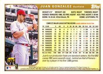 1999 Topps - Jumbo Series One #4 Juan Gonzalez Back