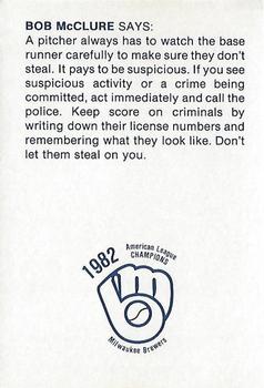 1983 Milwaukee Brewers Police - Verona Police Department #NNO Bob McClure Back