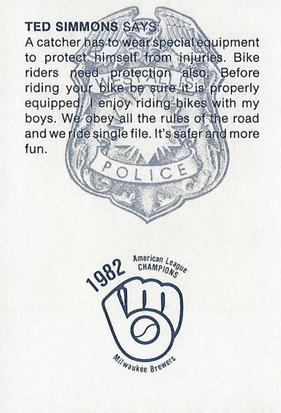 1983 Milwaukee Brewers Police - West Allis Police Department #NNO Ted Simmons Back