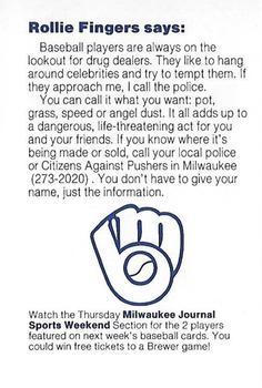 1985 Milwaukee Brewers Police - Appleton Police Department #NNO Rollie Fingers Back