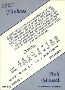 1984 Galasso 1927 Yankees #6 Bob Meusel Back