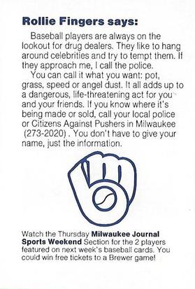 1985 Milwaukee Brewers Police - Butler Police Department and Butler Area Chamber Of Commerce #NNO Rollie Fingers Back