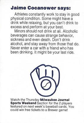 1985 Milwaukee Brewers Police - Glendale Police Department #NNO Jaime Cocanower Back