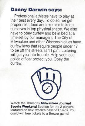 1985 Milwaukee Brewers Police - Glendale Police Department #NNO Danny Darwin Back