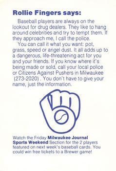 1985 Milwaukee Brewers Police - Kaukauna Police Department and Optimist Club of The Heart Of The Valley #NNO Rollie Fingers Back