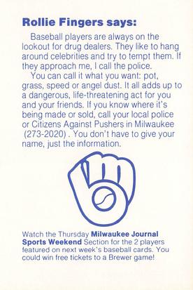 1985 Milwaukee Brewers Police - Mount Pleasant Police Department and the Mount Pleasant Crime Prevention Unit #NNO Rollie Fingers Back