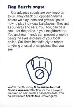 1985 Milwaukee Brewers Police - New Berlin Police Department #NNO Ray Burris Back
