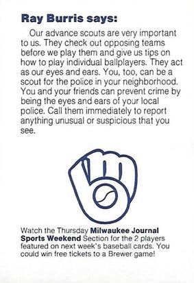 1985 Milwaukee Brewers Police - Oshkosh Police Department and McDonald's of Oshkosh #NNO Ray Burris Back
