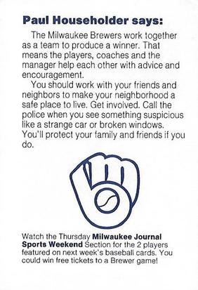 1985 Milwaukee Brewers Police - Oshkosh Police Department and McDonald's of Oshkosh #NNO Paul Householder Back