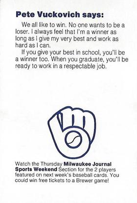 1985 Milwaukee Brewers Police - Oshkosh Police Department and McDonald's of Oshkosh #NNO Pete Vuckovich Back