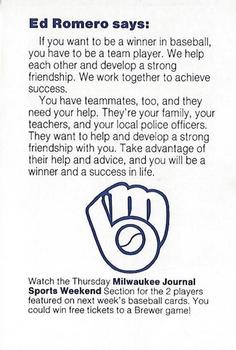 1985 Milwaukee Brewers Police - Oshkosh Police Department and Oshkosh B'Gosh, Inc. #NNO Ed Romero Back