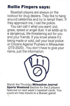 1985 Milwaukee Brewers Police - Oshkosh Police Department and Oshkosh Noon Kiwanis #NNO Rollie Fingers Back