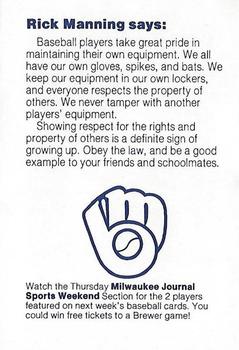 1985 Milwaukee Brewers Police - Oshkosh Police Department and Oshkosh Noon Kiwanis #NNO Rick Manning Back