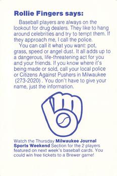 1985 Milwaukee Brewers Police - Village of Pewaukee Police Department and The Pewaukee Chamber of Commerce, Kiwanis and Lions Club #NNO Rollie Fingers Back