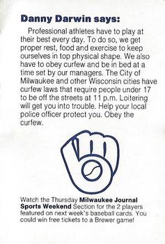 1985 Milwaukee Brewers Police - Rock County Sheriff's Department General Motors Corp Janesville #NNO Danny Darwin Back