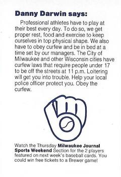 1985 Milwaukee Brewers Police - Waukesha County Sheriff's Reserve and First Bank Oconomowoc #NNO Danny Darwin Back