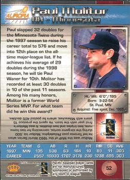 1998 Pacific Aurora #52 Paul Molitor Back