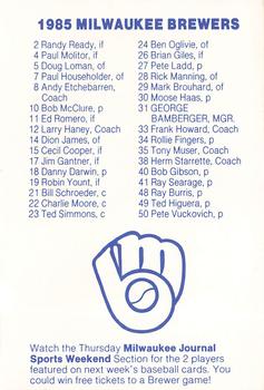1985 Milwaukee Brewers Police - Wisconsin State Fair Park Police #NNO Team Roster Back