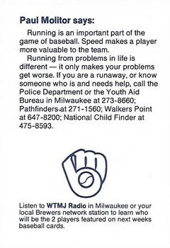 1986 Milwaukee Brewers Police - Fond du Lac Police Dept., KFIZ Radio, and National Exchange Bank & Trust #NNO Paul Molitor Back