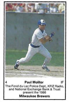 1986 Milwaukee Brewers Police - Fond du Lac Police Dept., KFIZ Radio, and National Exchange Bank & Trust #NNO Paul Molitor Front