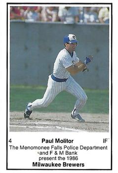 1986 Milwaukee Brewers Police - Menomonee Falls Police Department and F&M Bank #NNO Paul Molitor Front