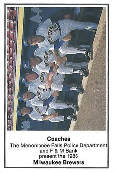 1986 Milwaukee Brewers Police - Menomonee Falls Police Department and F&M Bank #NNO Milwaukee Brewers Coaches Front