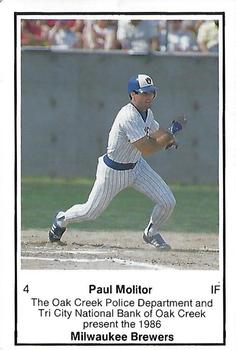 1986 Milwaukee Brewers Police - Oak Creek Police Department and the Tri City National Bank Of Oak Creek #NNO Paul Molitor Front