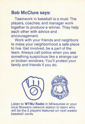 1986 Milwaukee Brewers Police - West Allis Police Department #NNO Bob McClure Back