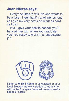 1986 Milwaukee Brewers Police - West Allis Police Department #NNO Juan Nieves Back